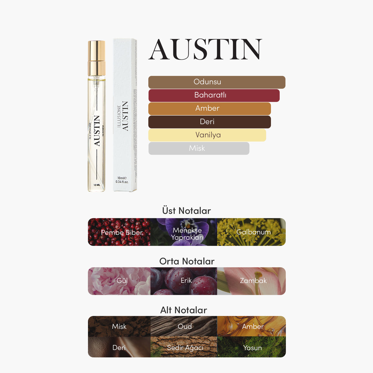 Austin EDP Erkek Parfüm 10ml | Seyahat Boy | Odunsu - Baharatlı - Amber