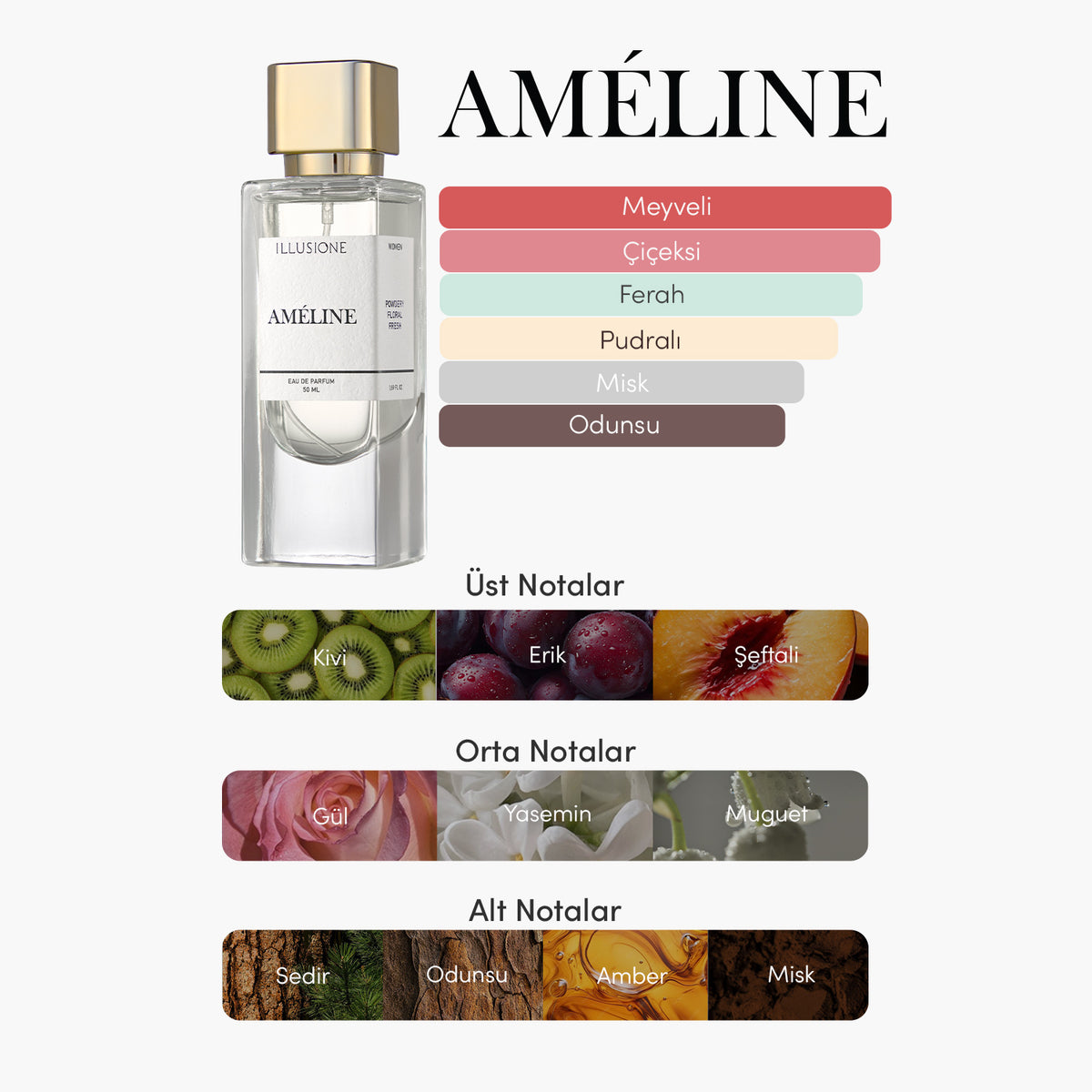 Améline EDP Kadın Parfüm 50ml | Pudramsı - Çiçeksi - Ferah | Yasemin, Misk