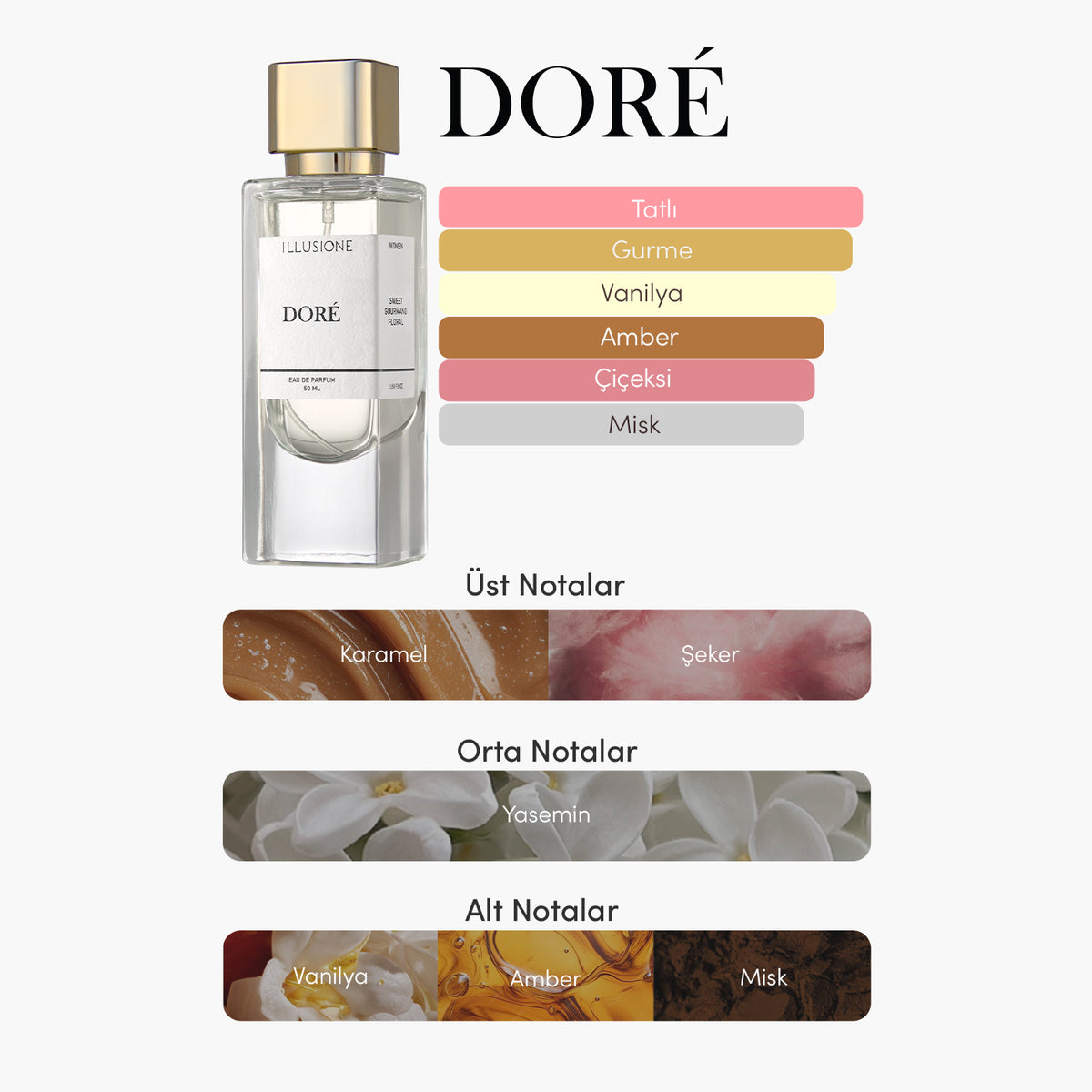 Doré EDP Kadın Parfüm 50ml | Tatlı-Gurme-Çiçeksi | Karamel, Yasemin, Vanilya