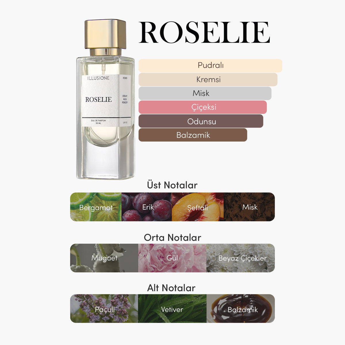 Roselie EDP Kadın Parfüm 50ml | Kremsi-Misk-Pudramsı | Şeftali, Beyaz Çiçek, Paçuli