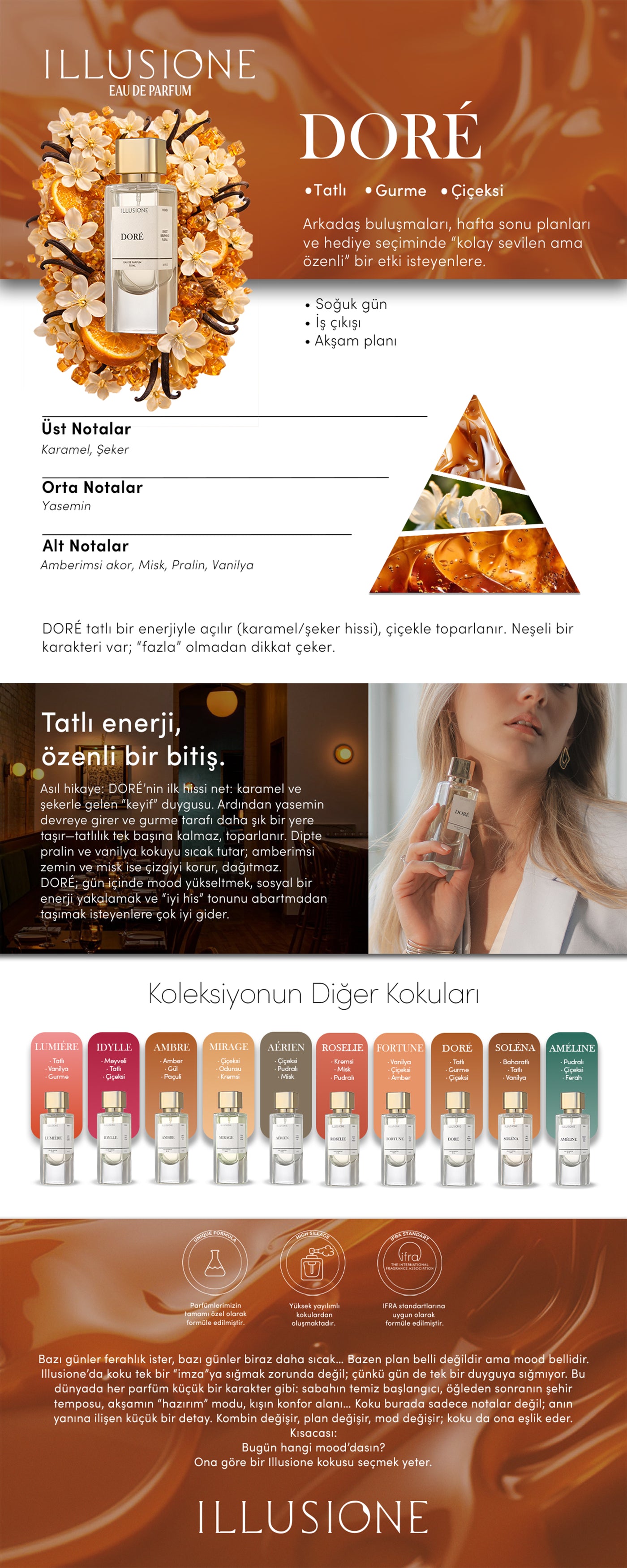 Doré EDP Kadın Parfüm 50ml | Tatlı-Gurme-Çiçeksi | Karamel, Yasemin, Vanilya